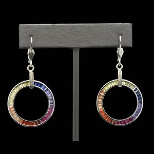 925 Silver Rainbow Sapphire Circle Dangle Earrings